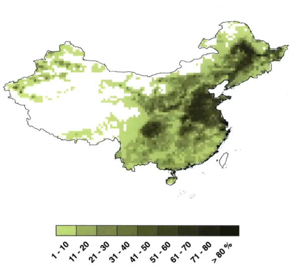 Figure  1-5:  Map of cropland  distribution in China as a percentage  of total  area in each  0.50  pixel.