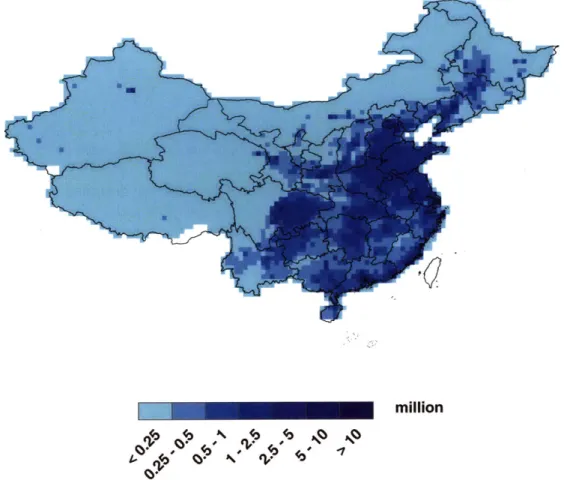 Figure  1-6:  Population  distribution  over  China  in  2005.  The  legend  shows  number  of people  in each  0.50  pixel.