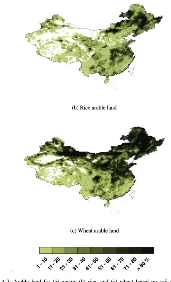 Figure  4-7:  Arable  land  for  (a)  maize,  (b)  rice,  and  (c)  wheat  based  on  soil  properties  as  a percentage  of the total  pixel area.