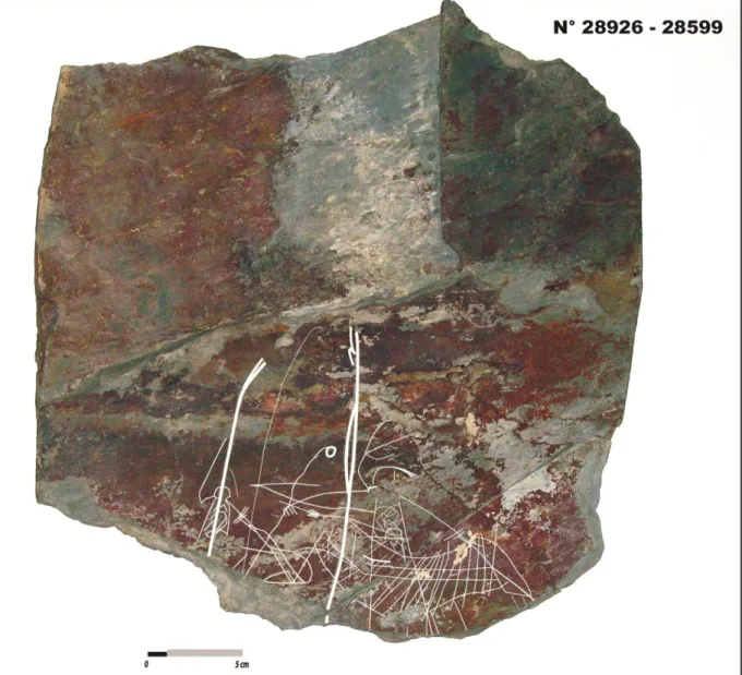 Fig. 1. Ardoises gravées découvertes à Montréal-de-Sos. Un berger tient dans sa main droite  une  gancho et un chien dans sa main gauche