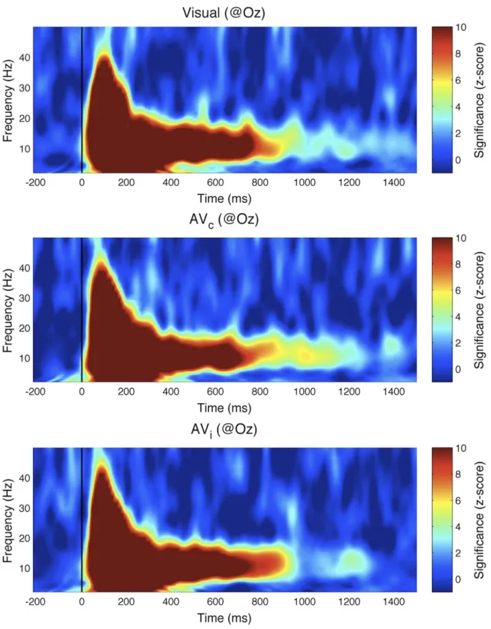 Figure 9. Experiment II results: time-frequency transforms of IRF. The wavelet-based time-frequency analysis results, computed with respect to the visual stimulation sequence, are plotted for visual-only, audio-visual congruent and audio-visual incongruent