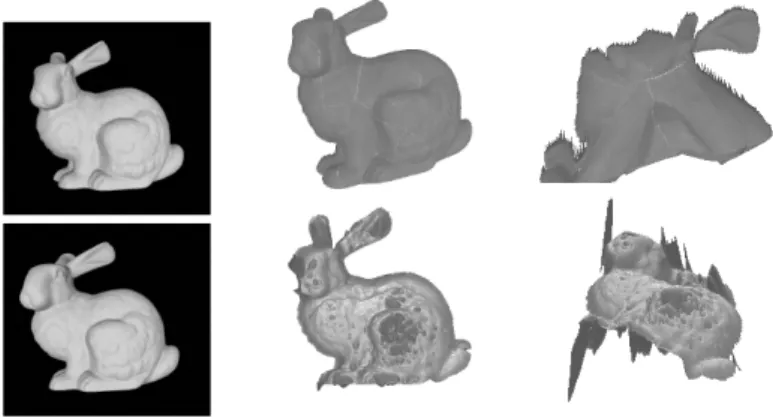 Fig. 2. Top row: in shape-from-shading, thin details in the input synthetic image (left) are nely recovered (center, the estimated depth is rendered frontally), yet the overall shape is biased due to the concave/convex ambiguity (right, rendering from anot