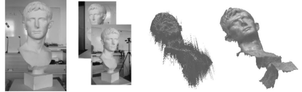 Fig. 1. Given a reference view of a textureless object (rst column), and a set of t ≥ 1 target views (second column), multi-view stereopsis based solely on photo-consistency optimization fails to estimate a reasonable mapping (depth) between the reference 