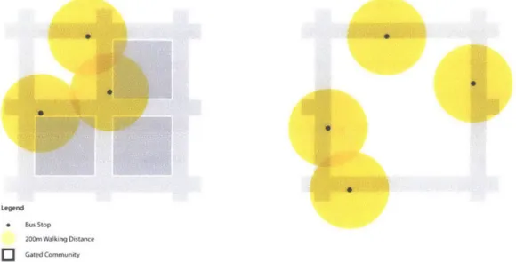 Figure  16  Land coverage  of walkable distance from  public transit (without walls and  gates)