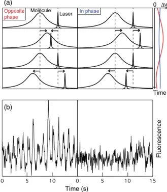 FIG. 4 (color online). Temporal evolution of the fluorescence signal of a molecule probing the flexomagnetoelectric effect, under synchronized modulations of the magnetic field and the laser wavelength