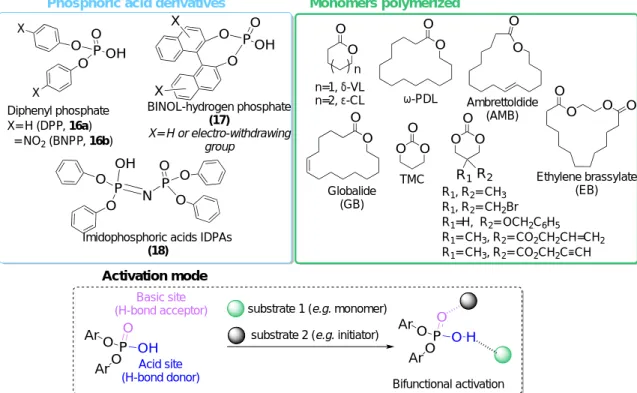 Figure 7. Representative phosphoric acids and monomers polymerized by them, as well  as bifunctional activation of monomer and initiator with Brønsted acid/base pair.[43, 56]  