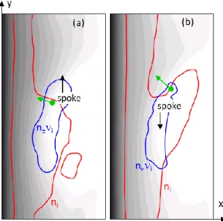 Figure  4:  Equipotential  contours  (grey),  and  lines  of  constant  plasma density and ionization rate corresponding to 70% of their  maximum values