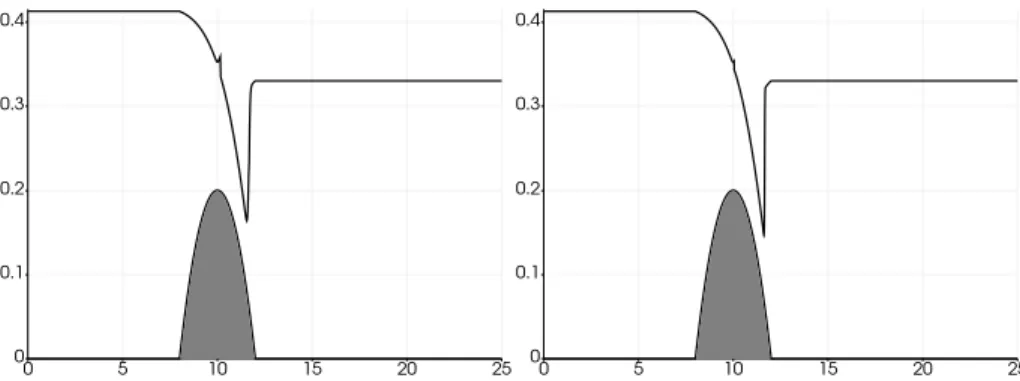 Figure 11: Transcritical flow with shock experiment. The topography is the gray area. Left panel: free surface and topography with 1000 discretization cells