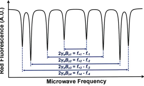 Figure  2-4:  The  red  fluorescence  intensity  of  the  NV  center  at  varying  microwave frequency  (ODMR)  under  an  external  magnetic  field  bias  with  projections  along  the four  N-V  axes.