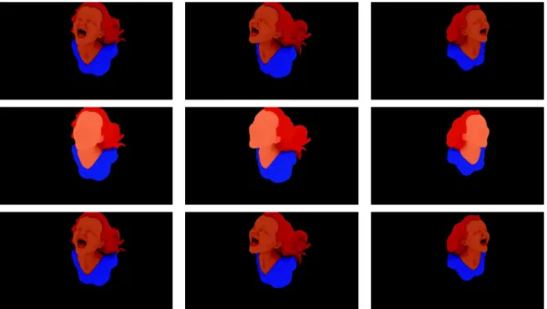 Fig. 3. First line: Three (out of n = 13) synthetic views of the object of Fig. 2-a, computed with a purely-Lambertian reflectance divided into four parts (hair, face, shirt and plinth) which receive a uniform albedo, under “sky-dome” lighting