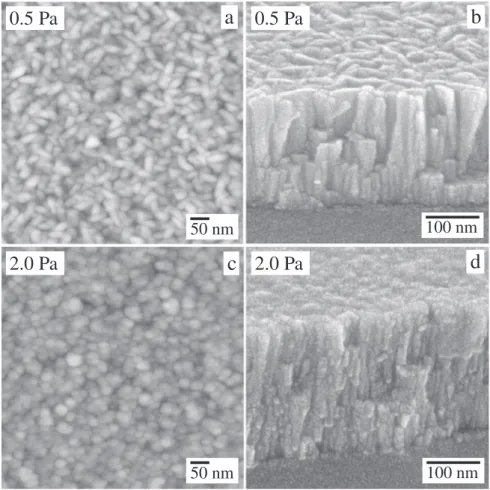 Fig. 3. AFM (a, c) and SEM (b, d) micrographs of thin ﬁlms deposited at 0.5 Pa and 2.0 Pa respectively.