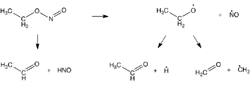 Figure  2.  Suggested  primary  reactions  in  pyrolysis  of  ethyl  nitrite.  CH 3 CH 2 ONO  can  undergo  single  bond  fission and decompose to CH 3 CH 2 O and NO radicals [16, 54, 57], after which the ethoxy radical rapidly follows  one  of  the  disso