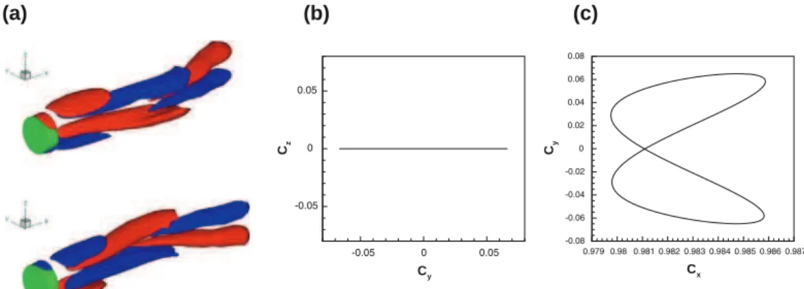 Fig. 5 Periodic mode with reﬂectional symmetry and zero mean lift (or “Zig-Zag” mode) for Re = 216