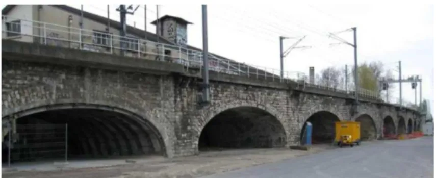 Fig. 6. The masonry bridge studied (9 spans about 12.5 m long, 8m wide) 