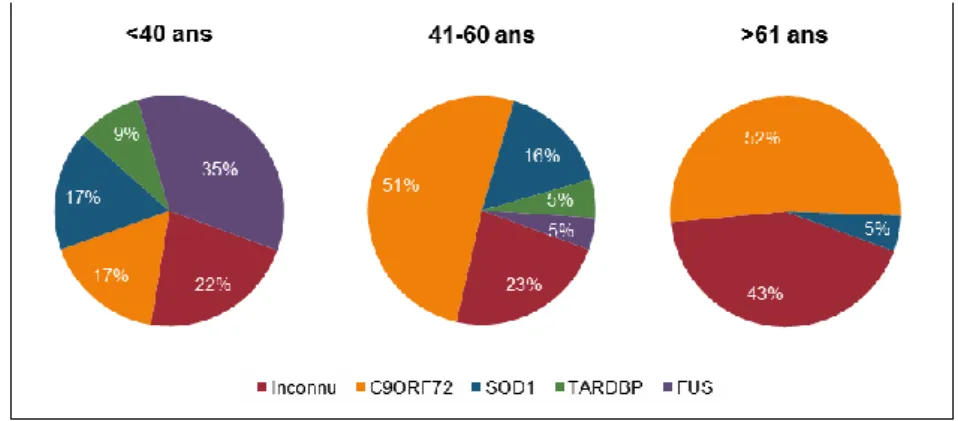 Figure 3 | Les causes génétiques de la SLA en France. A) 8% des SALS sont expliqués par des  mutations au niveau du gène C9ORF72