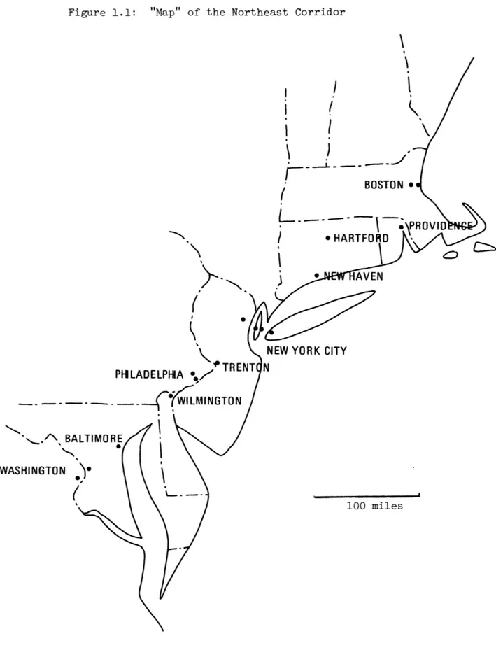 Figure  1.1:  &#34;Map&#34;  of  the Northeast  Corridor BOSTON \  -PRI /  HARTFORD *~  AVEN  -PI-ILADELPHIA  * TREN 