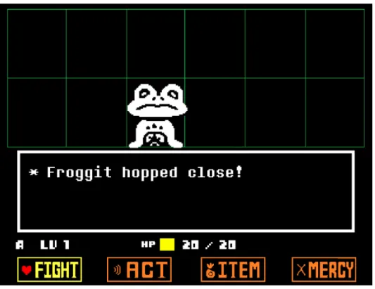 Figure 1. A screenshot from Undertale showing the first random encounter of the game, in which a