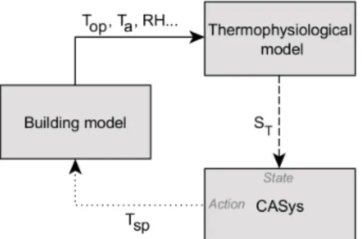 Figure 4: Interactions between CASys and the thermo- thermo-physiological model during the simulation (case study n ◦ 2)