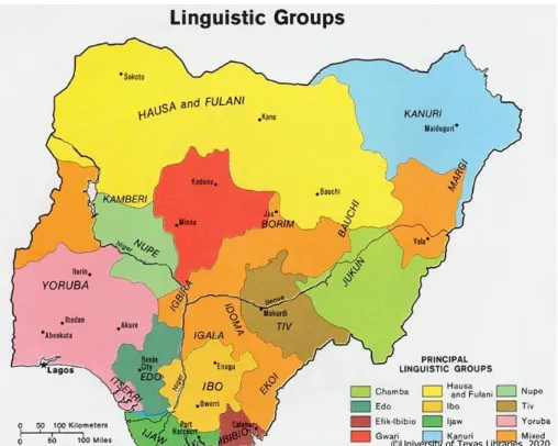 Figure 3 : Carte des groupes linguistiques au Nigéria. En jaune la région des Haoussas  et en bleu des Kanouris