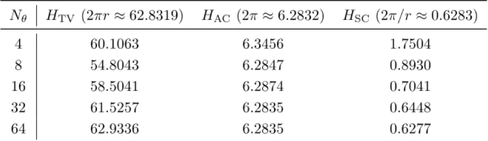Table 1: Approximating a disk of radius r = 10. The table shows the values of the computed total variation (TV), absolute curvature (AC), and squared curvature (SC) for a varying number of discrete orientations N θ 