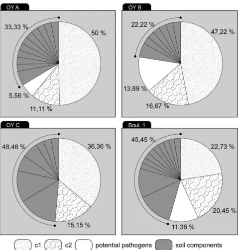 Figure 2. Repartition of environmental, undetermined and potential pathogenic 16S rDNA sequences in ancient skeletons and frozen bodies.