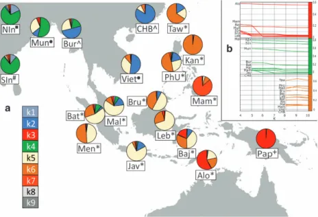 Figure 1 (a) A map of Southeast Asia, displaying a subset of populations assessed in this study and the distribution of ancestry components based on the local ADMIXTURE run with the optimal number of ancestry components (K = 9, cf