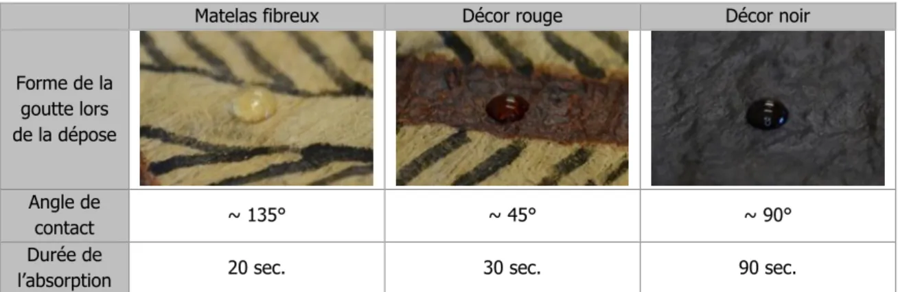 Tableau 6 : Test de la goutte sur les éléments d’origine du  tapa  MI/1611. 