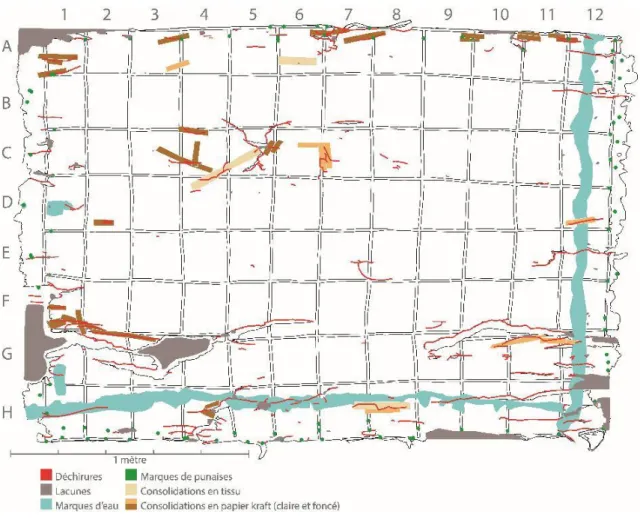 Figure 102 : Emplacements des différents types d’altérations sur la  tapa  MI/1611. 