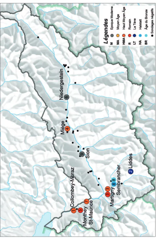 Fig.  1.  Situation  des  interventions  archéologiques  menées  sur  le  territoire  valaisan  en