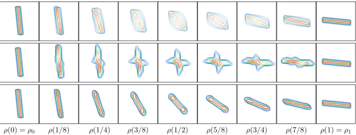 Figure 14. Bar experiment. Plot of the isolevels of the density ρ(t) along the optimal path computed with different approaches