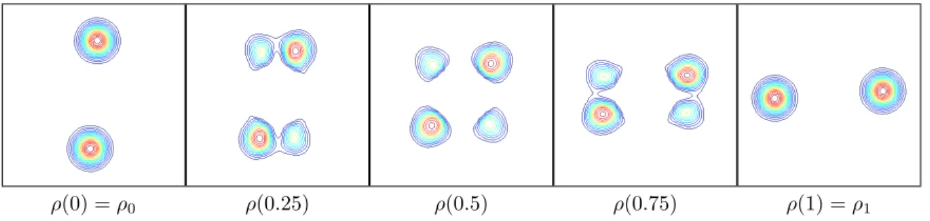 Figure 1. Plot of the isolevels of the density ρ(t) along the optimal path computed with the approach of [3]