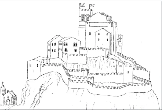 Fig. 2. Sion vers 1350 (essai de reconstitution par l’auteur, 1 re version, 1992). Le Grand- Grand-Pont et la jonction entre Cité et ville inférieure