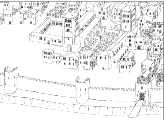 Fig.  4.  Sion  vers  1350  (essai  de  reconstitution  par  l’auteur,  1994).  Le  front  ouest  de l’enceinte, la cathédrale, Saint-Théodule, la tour des Calendes et le cimetière, avec une partie de la ville inférieure
