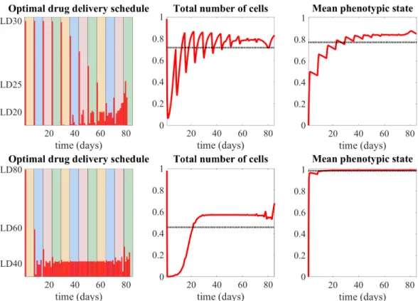 Figure 9: Optimal dosing regimen for 12 therapy cycles of 1 week with the goal being to minimise the average total number of cells during the course of treatment