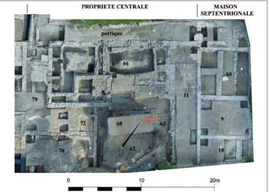 Fig. 8 – Martigny, Forum Claudii Vallensium. Chantier «CV 2013», insula 5. Orthophoto- Orthophoto-graphie du secteur septentrional et du secteur médian du chantier en cours de fouilles