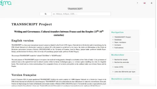 Fig. 4. Home page del futuro database del progetto TRANSSCRIPT sul portale TELMA.
