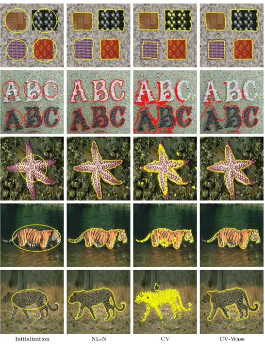 Fig. 7.4: Texture segmentation of our NL-N model (3.5) with the sliced Wasserstein distance (7.3) with | Θ | = 3 fixed directions, and comparison with the vector-valued Chan-Vese (CV) model [12] and the extended work (CV-Wass) [2] of [40].