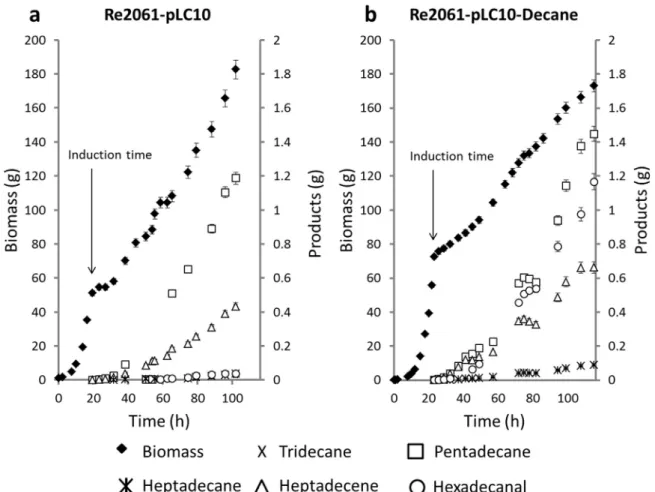 Fig. 3. Kinetics of production of biomass (◆), tridecane (✕), pentadecane (□), heptadecane (∗), heptadecene (△) and hexadecanal (◯) during nitrogen limited fed-batch of C.