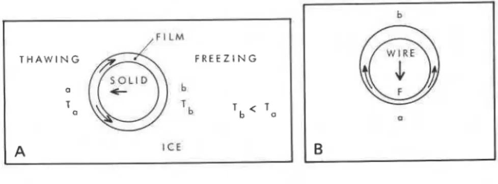 Fig. 5-9. (a) Displacement of a solid particle by  temperature induced flow of water in the  film  from the warm to the cold side