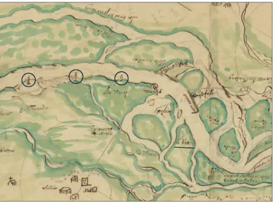 Fig. 9 – Détail d’un plan du Rhône dressé en 1803 (AEV, DTP/Plans/Rhône/1). Les traver- traver-sières, dans la région de Saillon, sont entourées
