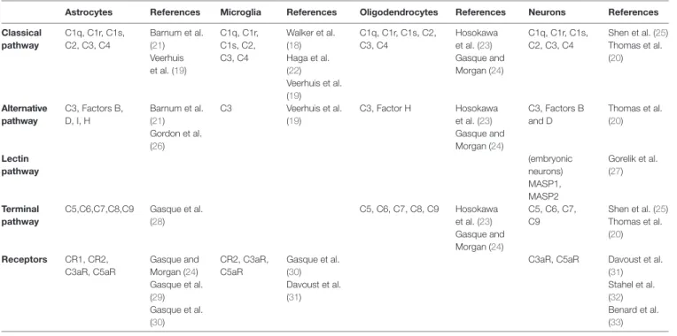 TABLE 1 | Complement molecules expressed by brain cells.