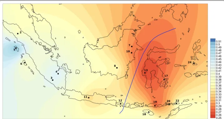 Figure 2 Map of Y chromosome F ST values obtained by pairwise comparison between Malagasy and Indonesian populations