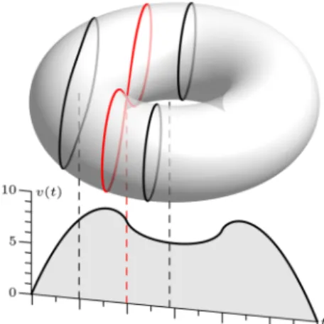 Figure 1: Volume of the sections of the torus S as a function of the parameter t. In red, a singular section.