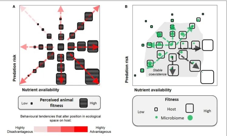 FIGURE 1 | Selection of animal behavior, illustrated by two dimensions of fitness parameters (nutrient availability and predation risk)