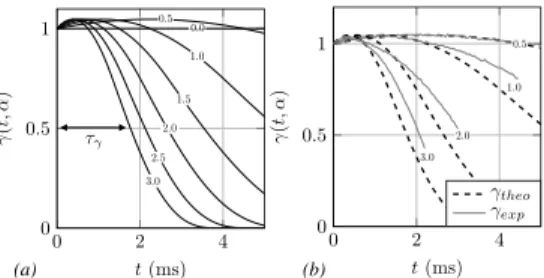 Figure 5: (a) Fonction de correction théorique γ(t, α) issue de Eq. 5 pour différents α