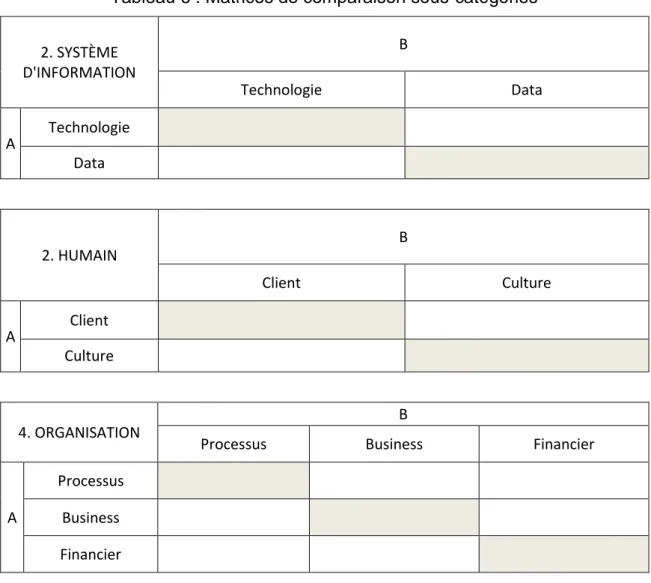 Tableau 6 : Matrices de comparaison sous-catégories  2. SYSTÈME  D'INFORMATION  B  Technologie  Data  A  Technologie        Data        2