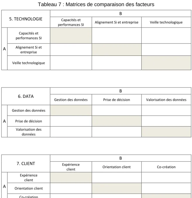 Tableau 7 : Matrices de comparaison des facteurs 