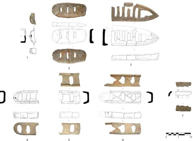 Fig. 8: Grills of the ritual hearths found in the necropolis of Kalfata in 2005-06: 1) F01 (370-360 BC);  