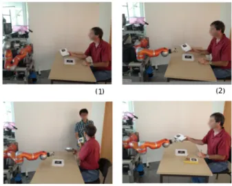 Fig. 12: (1): The controller is given the task of receiving the object from human. It tracks the first segment in the robot frame