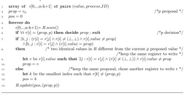 Fig. 3. k-set agreement with n − k + 2 MWMR registers.